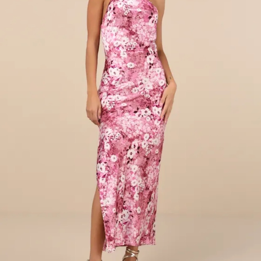 Lulu’s Glowing Presence Mauve Floral Satin Halter Maxi Dress